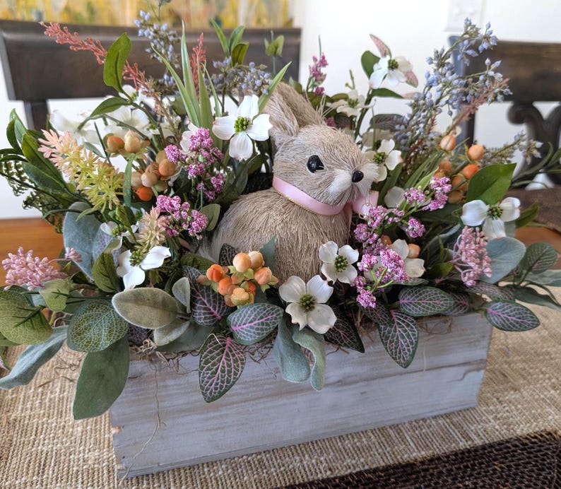 Waterfall Rabbit Arrangement Easter Planter Box, Bunny Artificial Floral Centerpiece, Table ...