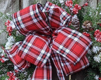 Wreath BOW ONLY, Snowman Bow, Large Bow for Snowman Wreath, Plaid, Black, Red, White, 4 Loop Bow, 4" Wired Plaid Bow