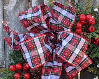 Plaid Christmas Bow, BOW ONLY, Wired Christmas Ribbon for Wreath Bow, Plaid Bow, Elegant ribbon, Bow for Christmas Decoration Maltese