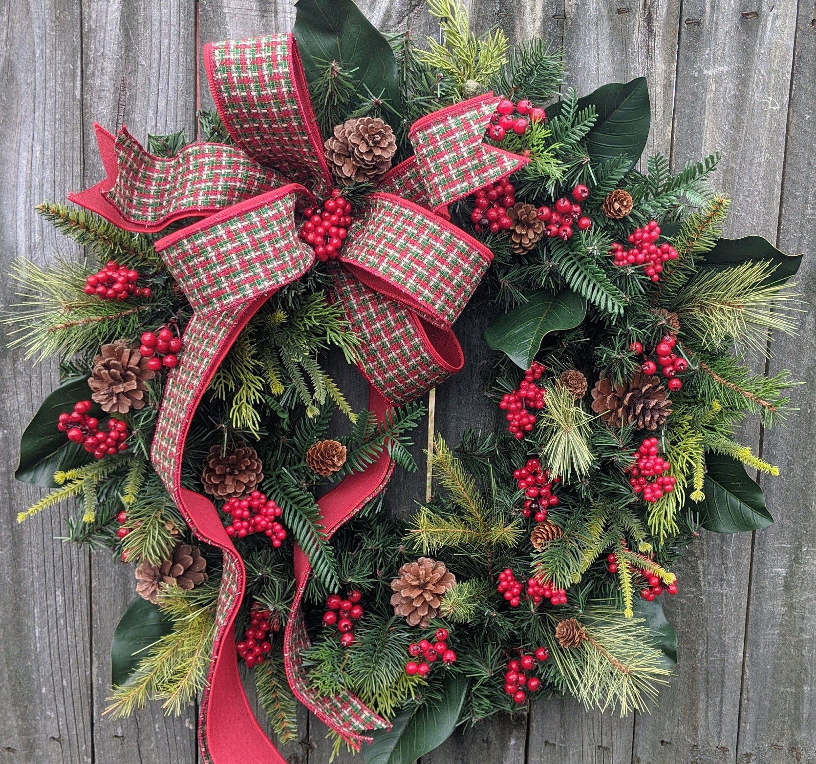 Christmas Wreath, Primitive Winter Wreath, Red and Green Plaid Check  Natural Christmas wreath Magnolia, Red Berries, Christmas Decor