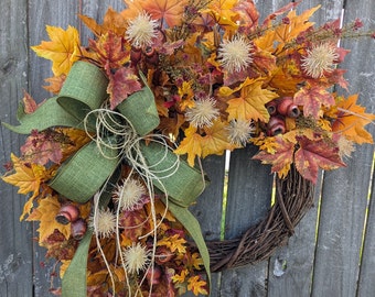 Fall Wreath, Rustic Fall Wreath, Fall Leaf Wreath, Fall Green Bow Wreath, Berries Wheat Door Wreath Twine Wreath 411