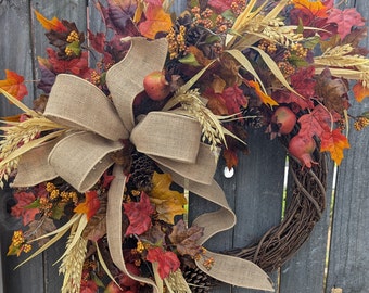 Fall Wreath, Wreath Fall / Autumn, Berry Fall Wreath, Natural Bow Door Wreath, Halloween Door Wreath, Horn's Limited Edition 404sku