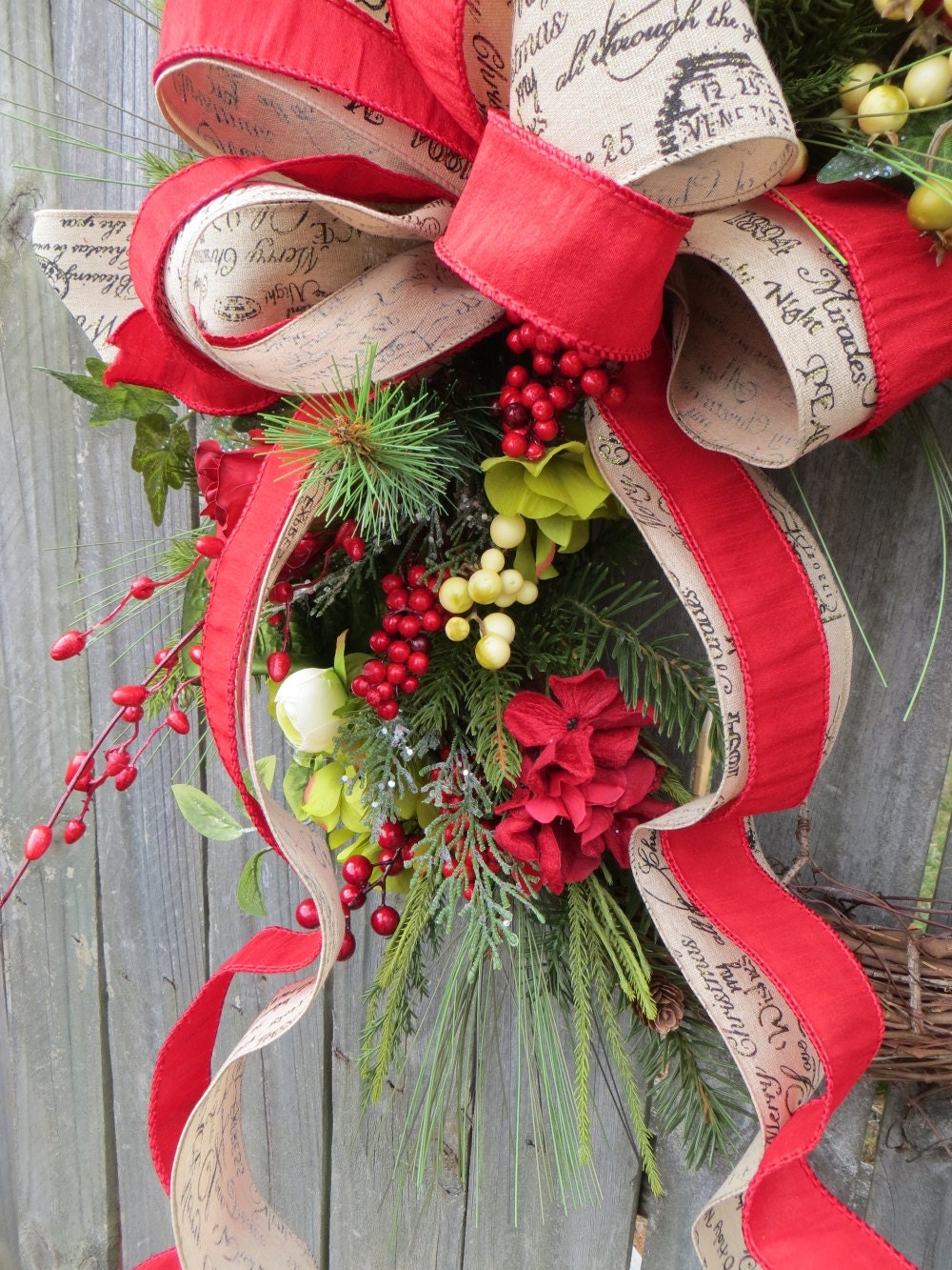 Red & Green Ribbon Grapevine Wreath