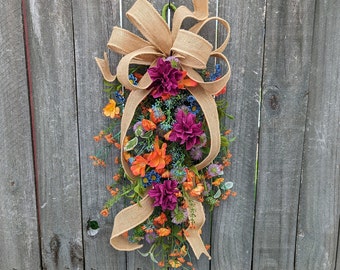 Door Swag, Purple Orange Swag Door, Pew End, Large Lantern, Burgundy Swags for Spring and Summer, Wildflower Boho Swag for Door/Double Doors