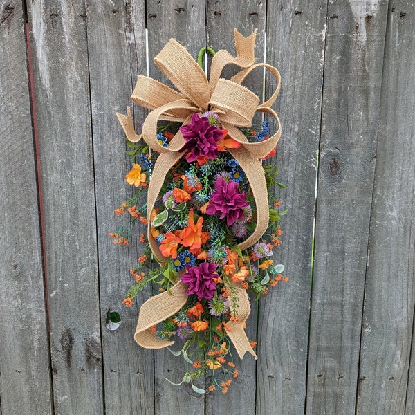 Door Swag, Purple Orange Swag Door, Pew End, Large Lantern, Burgundy Swags for Spring and Summer, Wildflower Boho Swag for Door/Double Doors