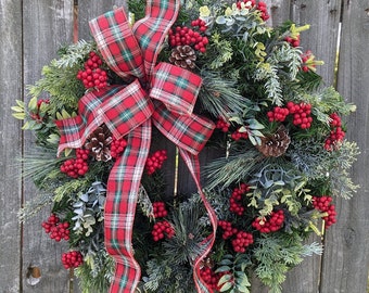 Christmas Wreath, Holiday Wreath, Plaid Pine Wreath, Eucalyptus, Berries, Front Door Wreath, Front Door, Christmas Wreath, Rustic 366