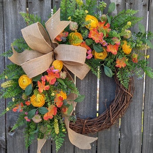 Spring Wreath, Spring/Summer Wreath, Spring Wreath with Bow,  Wildflower Wreath, Summer Wreath, Yellow Wreath, Spring Door Wreath 269sku