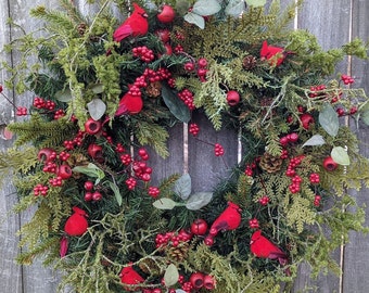 Christmas Wreath - Red Bird Woodland Style Christmas Wreath with Berries and Cardinals - Christmas Door Wreath