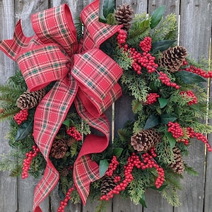 Christmas Wreaths, Holiday Door Wreath Berry Accent/ Natural Plaid Christmas Wreath / Christmas Wreath, Farmhouse Wreath 253