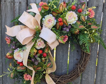 Door Wreath, Spring Door Wreath, Peach and Purple Wreath, Front Door Wreath, Mothers Day Gift, Wreath for Spring, Peachy Purple Wreath 399