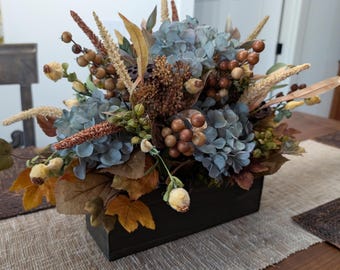 Fall Centerpiece, Arrangement for Dining Table, End Foyer, Mantle, Fall Blue Hydrangea, Autumn Leaves, Thanksgiving, Limited Edition