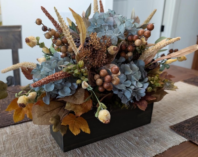 Featured listing image: Fall Centerpiece, Arrangement for Dining Table, End Foyer, Mantle, Fall Blue Hydrangea, Autumn Leaves, Thanksgiving, Limited Edition