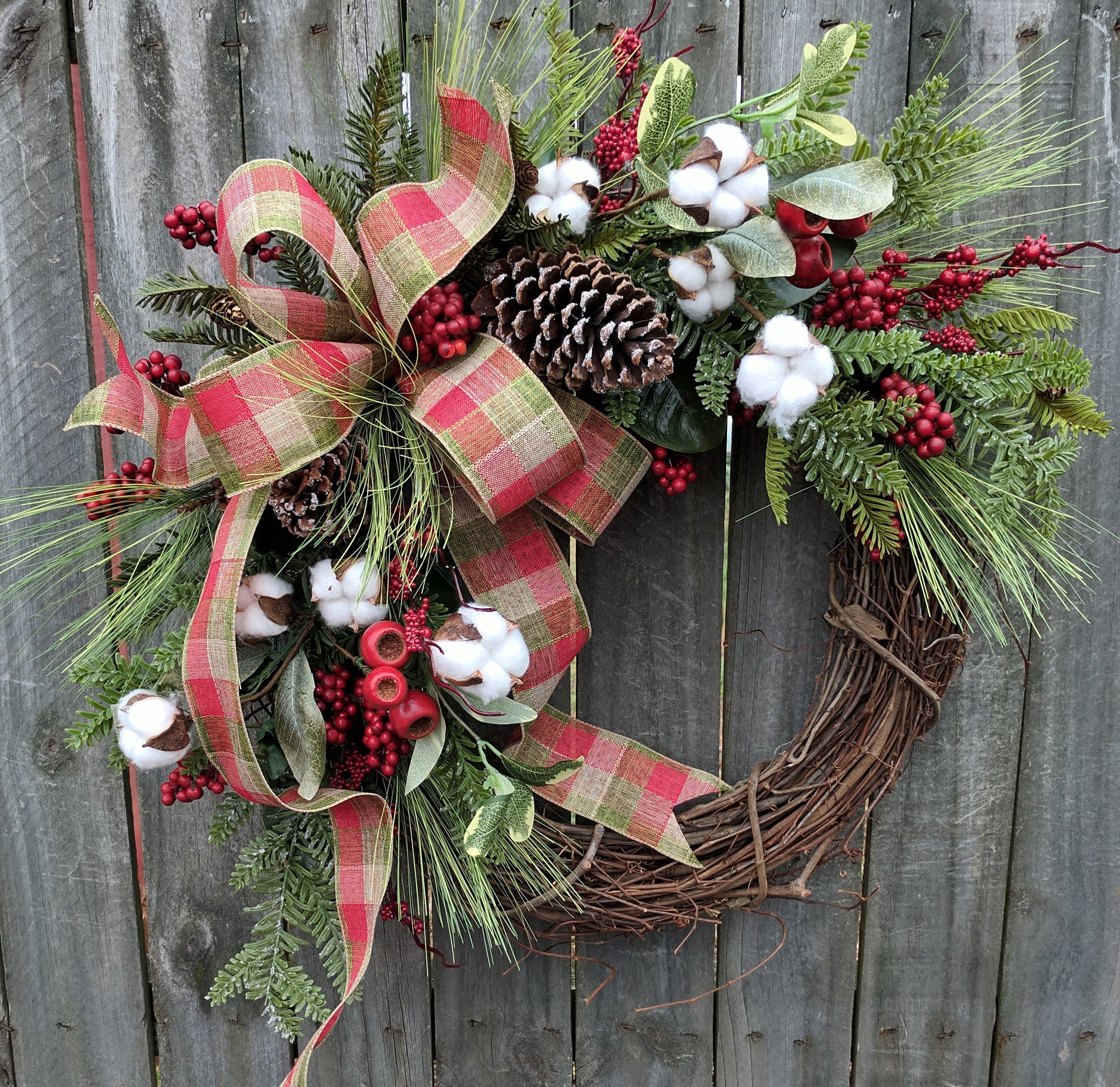 Holiday / Christmas Wreath / Grapevine Berry Wreath with Rustic Plaid / Natural Christmas Wreath 