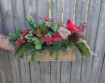 Christmas Centerpiece, Cardinal Evergreen Crate, Flower Crate Arrangement for Winter and Christmas,  Decoration for Mantle, Long skinny