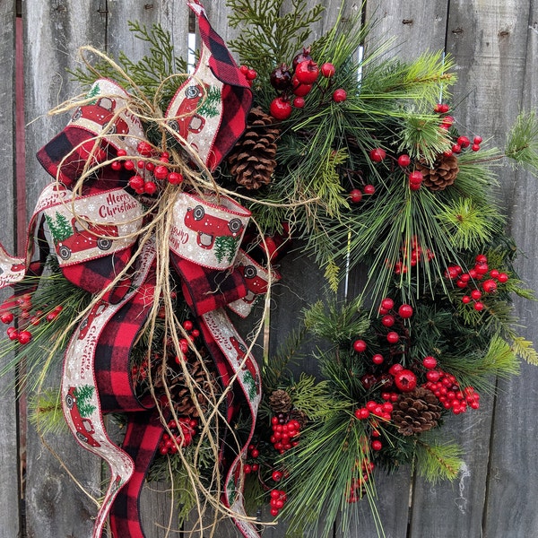 Christmas Wreath, Red Truck Holiday Wreath, Red and Black Check Little Red Truck Christmas Decor, Christmas wreath with Bow, Red Berries