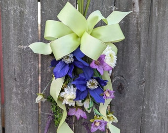 Spring Swag, Mini Swag, Bright Green Bow with Clematis, Swag for chair back, Purple Swag, Aisle Décor, Spring Wedding, Lantern Swag