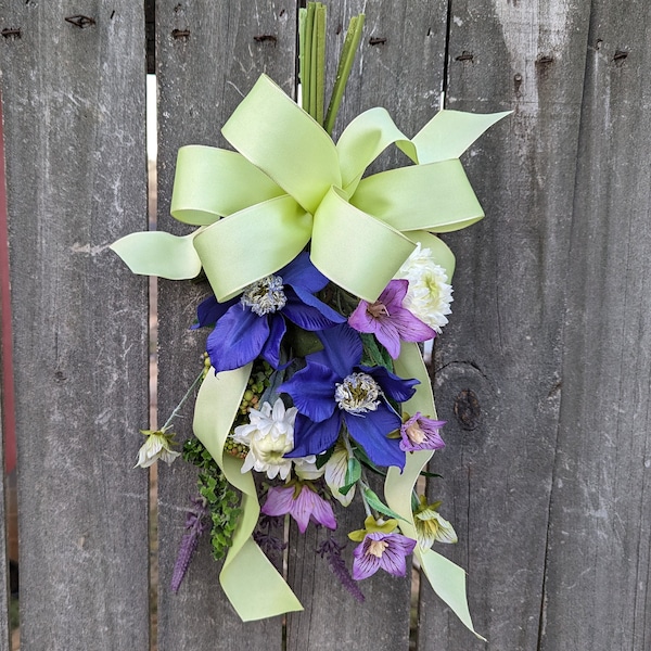 Spring Swag, Mini Swag, Bright Green Bow with Clematis, Swag for chair back, Purple Swag, Aisle Décor, Spring Wedding, Lantern Swag