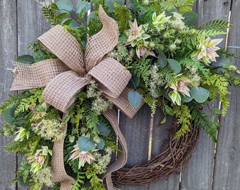 Everyday Wreath, Everyday greenery and Burlap Wreath, Spring Wreath, Summer Wreath, Fall Wreath, Door Wreath, Front Door Wreath 382