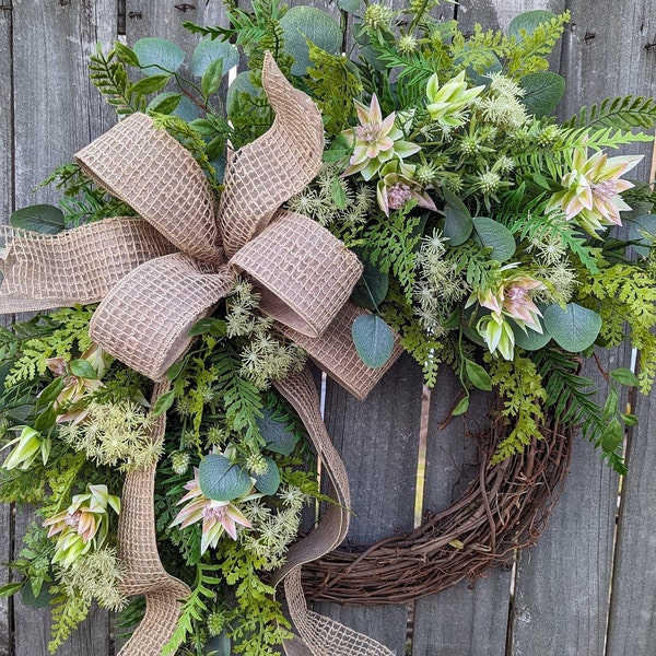 Everyday Wreath, Everyday greenery and Burlap Wreath, Spring Wreath, Summer Wreath, Fall Wreath, Door Wreath, Front Door Wreath 382