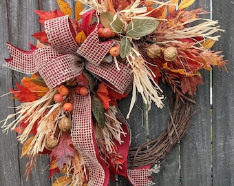 Fall Wreath, Fall Scarecrow Wreath, Fall Leaf Wreath, Fall burlap Wreath, Halloween Harvest Thanksgiving Wreath, Walnuts, Berry 241sku