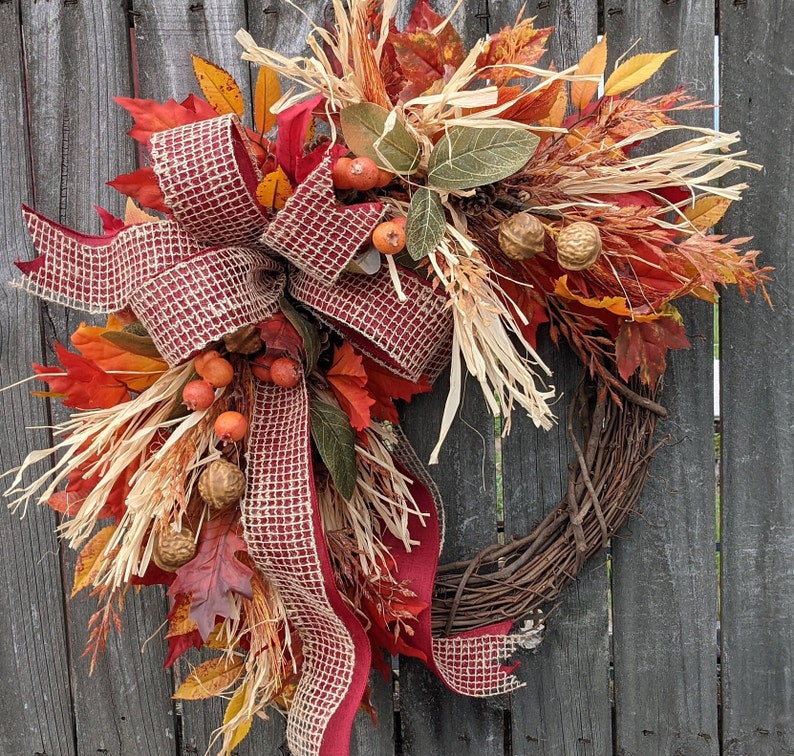 Fall Wreath, Fall Scarecrow Wreath, Fall Leaf Wreath, Fall burlap Wreath, Halloween Harvest Thanksgiving Wreath, Walnuts, Berry 241sku image 1