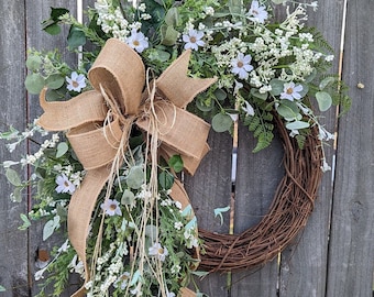 Spring Daisy Wreath, White and Green Wreath for Spring, Flowy Wreath with Wildflowers, Rustic Wedding Door Wreath, Front Door Wreath 388sku