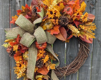 Fall Wreath, Wreath for Fall / Autumn, Harvest Pumpkin Fall Wreath, Green Fall Door Wreath, Halloween Door Wreath, Horn's 336