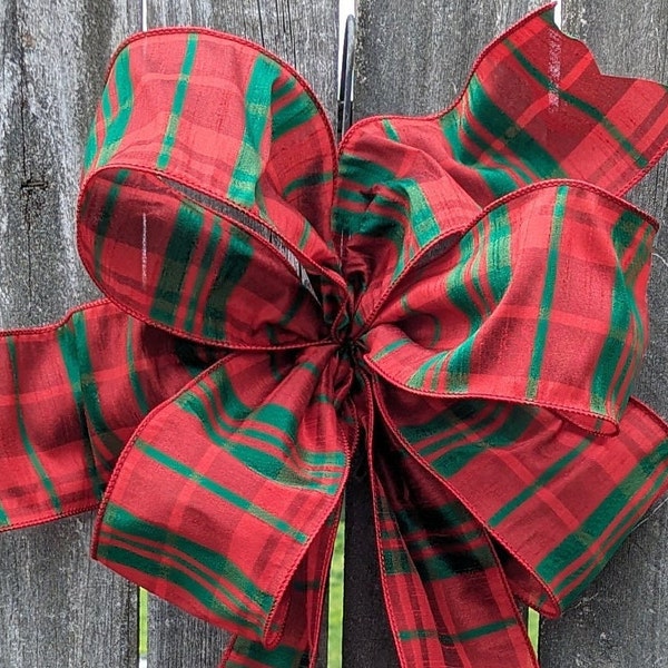 Christmas Bow, Wired Christmas Ribbon for Wreath Bow, Red and Green Plaid Bow, Elegant ribbon, Wreath Bow Only Christmas Decoration Higg100