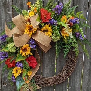 Spring Wreath, Spring/Summer Wreath, Spring Wreath with Bow,  Wildflower Wreath, Summer Wreath, Burlap Bow, Sunflower and Poppy Wreath 274