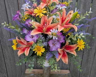 Memorial Vase Arrangement, Vibrant Spring Summer Flowers, Cemetery Cone Insert for Man or Woman, Limited Edition