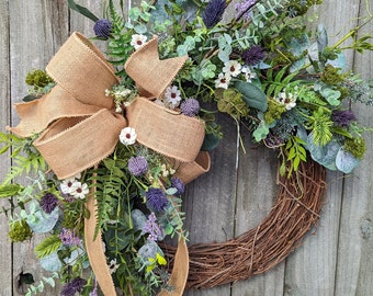 Spring Wreath, Purple Spring Wreath, Purple and Cream Wreath with Eucalyptus, Deep purple, Deluxe  Spring Wreath Mother's Day Gift 387