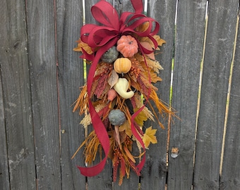Fall Swag, Door Swag, Autumn Decor, Pumpkin Gourd Swag with Green and Orange, Aisle Decor, Lantern swag 14*