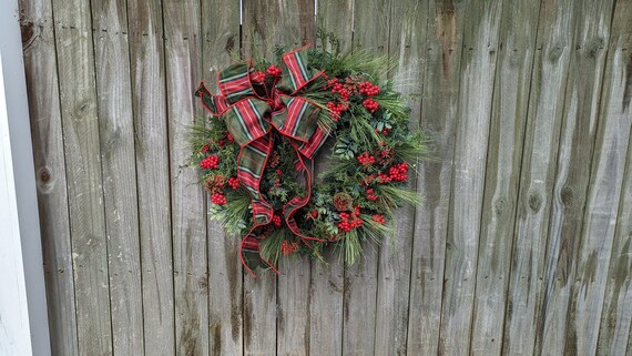 Christmas Wreath, Christmas /Holiday Door Wreath, Plaid Bow, Tartan Wreath Christmas wreath Traditional Wreath Door, Christmas Wreath 310