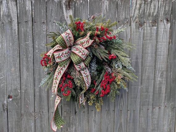 Christmas Wreath, Unique Natural Christmas Door Wreath,  Red Berries, Wreath for Door, Christmas Wreath with Bow, Etsy Horn's Handmade 459*