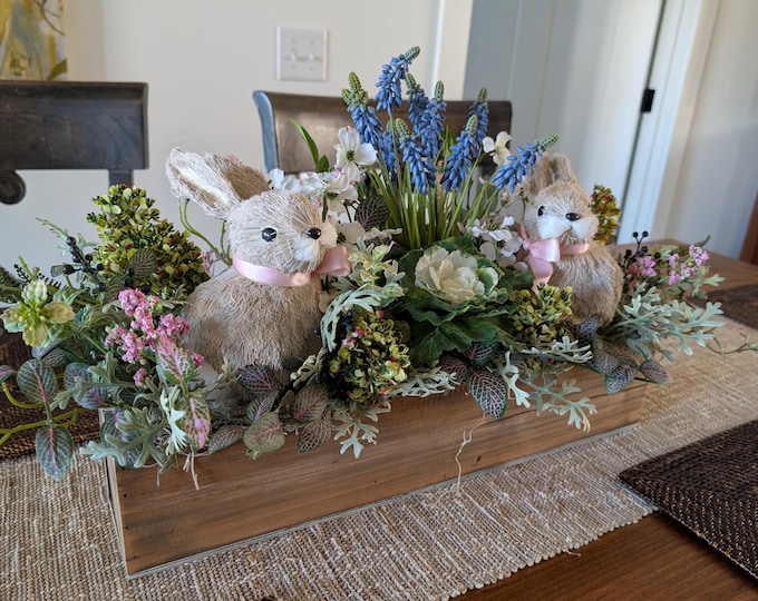 Featured listing image: Centerpiece for Easter, Rabbit Arrangement, Rustic Farmhouse Easter Centerpieces, Modern Farmhouse Decor, Bunnies in the cabbage patch