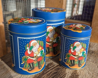 Vintage Santa Christmas Tins, Royal Blue Matte Vintage Christmas Decor, 3 Nested Tins, Santa's List, Mantle, Centerpiece Decor, gift Tin