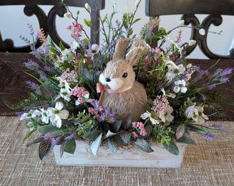 Easter Planter Box, Bunny Artificial Floral Centerpiece, Table Arrangement for Easter, Easter Bunny Rabbit Planter Arrangement, Rectangular