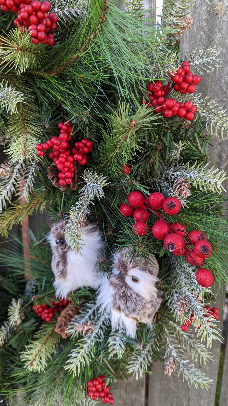 Christmas Wreath, Holiday Wreath, Owl Wreath, Black, White Plaid ribbon, Front Door Wreath, Front Door, Red Berries, Christmas Wreath 304 image 4