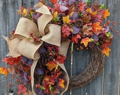 Fall Wreaths for Autumn Decor - Burlap Bow Sub Purple Burgundy Orange Fall Colors Wreaths for Front Door, Halloween Wreath, Corporate Gift