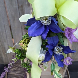 Spring Swag, Mini Swag, Bright Green Bow with Clematis, Swag for chair back, Purple Swag, Aisle Décor, Spring Wedding, Lantern Swag image 6