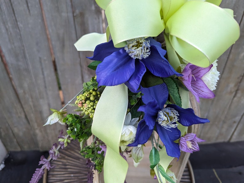 Spring Swag, Mini Swag, Bright Green Bow with Clematis, Swag for chair back, Purple Swag, Aisle Décor, Spring Wedding, Lantern Swag image 6