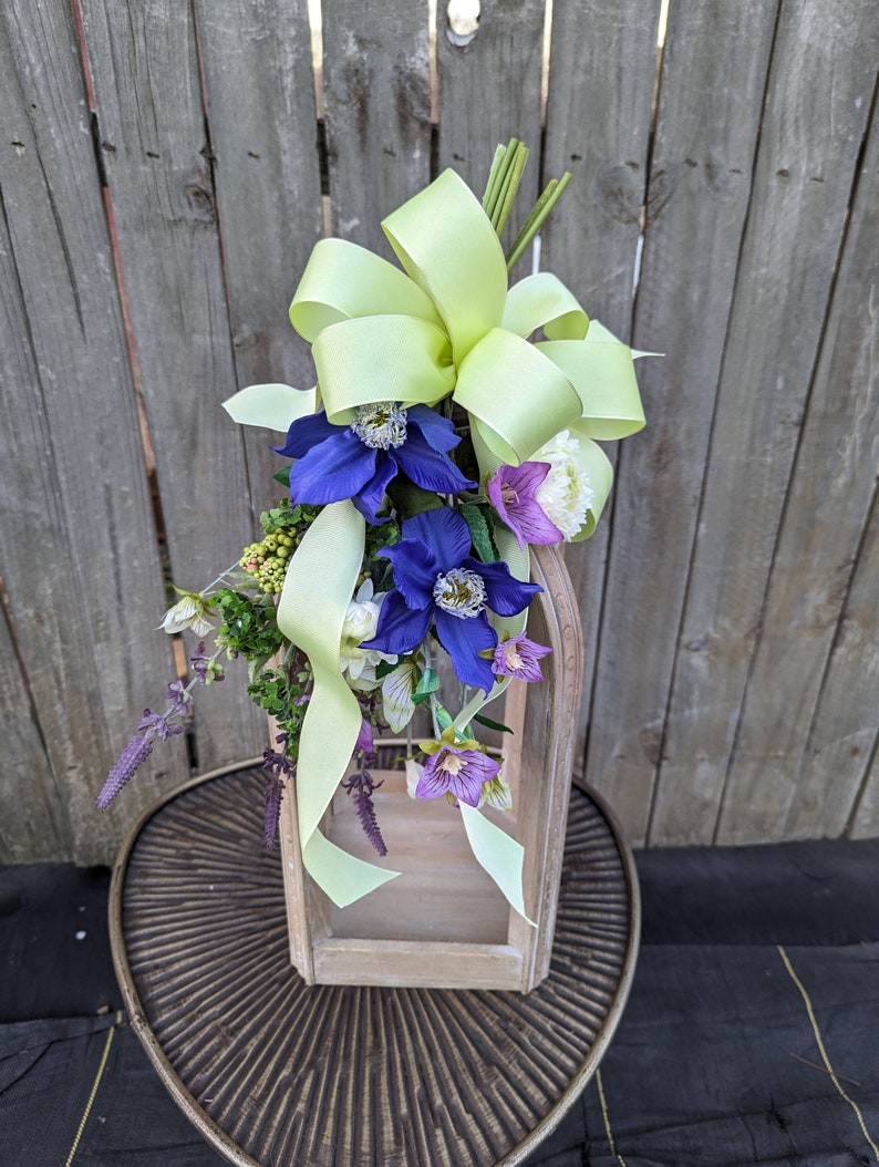 Spring Swag, Mini Swag, Bright Green Bow with Clematis, Swag for chair back, Purple Swag, Aisle Décor, Spring Wedding, Lantern Swag image 8