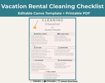 May include: A teal-bordered checklist titled "Vacation Rental Cleaning Checklist" with the text "Editable Canva Template + Printable PDF." The checklist includes sections for general areas, kitchen, bathrooms, and final checks.