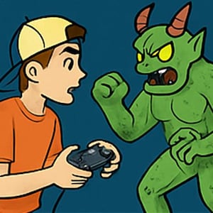 Puede incluir: Ilustración de estilo cómic de una persona con una camiseta naranja y una gorra amarilla, sosteniendo un mando de videojuegos, frente a un monstruo verde con cuernos y ojos amarillos. El monstruo está en posición de combate, sobre un fondo azul oscuro.