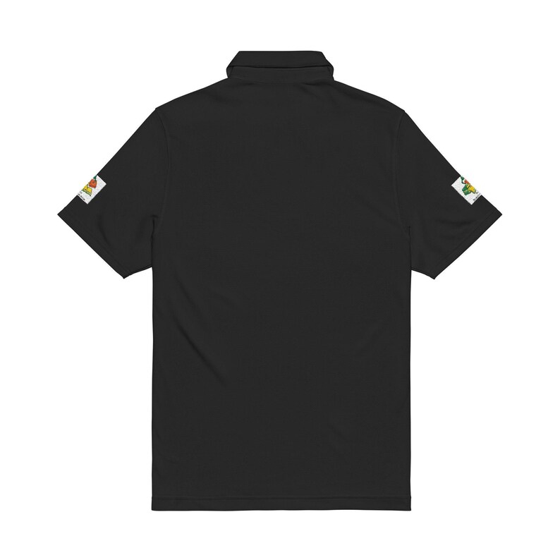 The back view of a black polo shirt with plain fabric and sleeve patches displayed on a white backdrop.