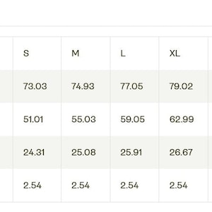 A sizing chart table in metric measurements with rows for length, width, sleeve length, and size tolerance across sizes S through 3XL.