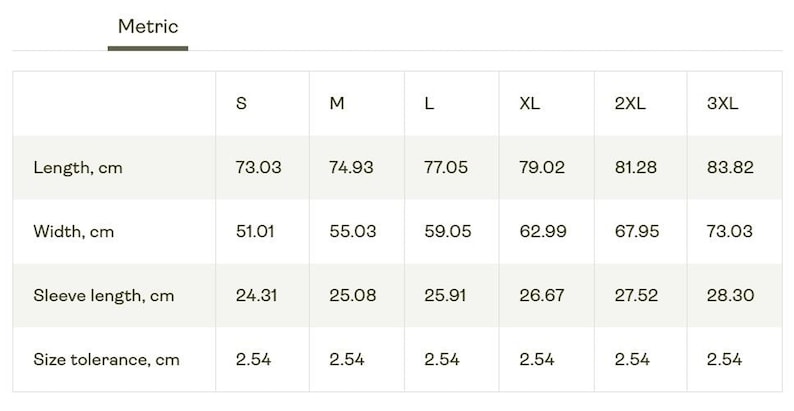 A sizing chart table in metric measurements with rows for length, width, sleeve length, and size tolerance across sizes S through 3XL.