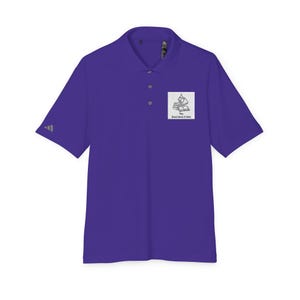 A purple short-sleeve polo shirt with a collar, three buttons, and a small book graphic on the left chest.