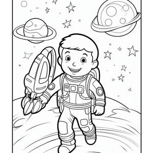 A black and white coloring page featuring a smiling astronaut holding a toy rocket while walking on a planet surface with planets and stars in the background.