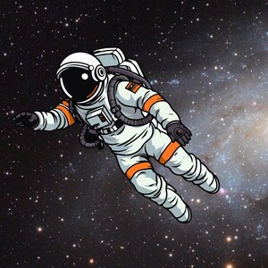 A realistic photo of an astronaut in a white and orange spacesuit floating in outer space against a starry galaxy background.